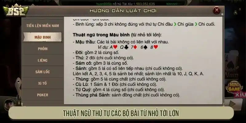 Thuật ngữ thứ tự các bộ bài từ nhỏ tới lớn